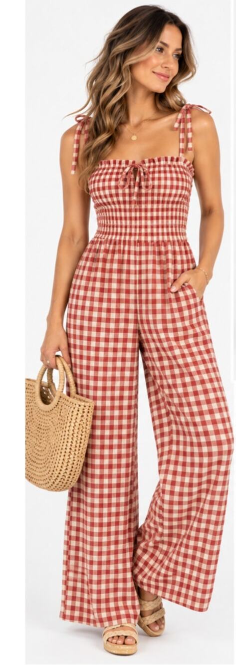 Sincerely Jules Women’s XS Red Cream Gingham Spaghetti Strap Jumpsuit